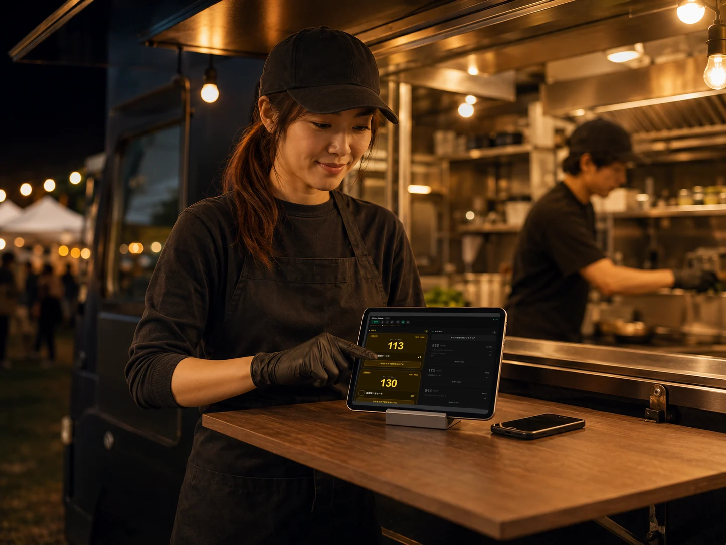 一般的なタブレット一台で実際の注文管理画面を操作するキッチンカースタッフ